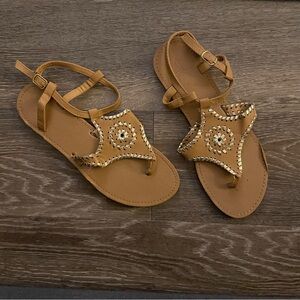 Charlotte Russe faux leather brown with gold whipstitch sandals. Size 8